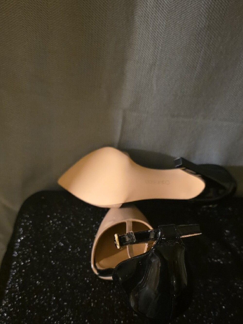 Calvin Klein Beige Patent Pointed-Toe T-Strap Heels - Picture 4 of 5